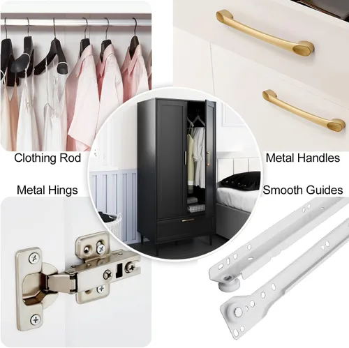 Vista 5 de Armario Morden para dormitorio, armario con barra para colgar, 60 pulgadas, 2 puertas, para ropa con cajones, armario de almacenamiento Morden, Negro