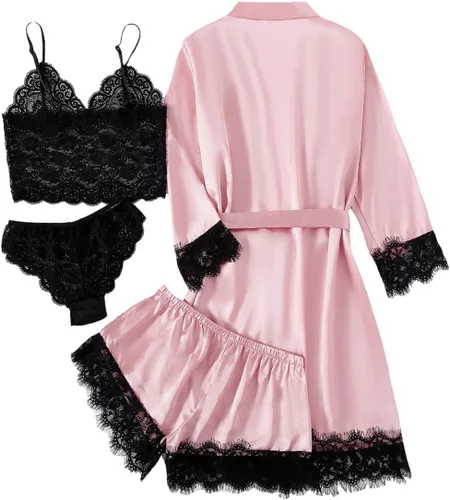 Vista 2 de LYANER Conjunto de pijama de 4 piezas para mujer con ribete de encaje floral satinado con bata