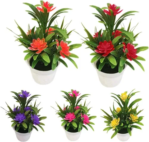 Vista 3 de Bluelanss Flores artificiales en jarrón, arreglos florales de loto de plástico, ramos de flores falsas en maceta, centros de mesa, centros de mesa