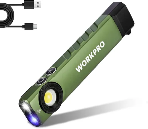 Vista 10 de WORKPRO linterna recargable de trabajo, linterna de bolsillo plana de 600 lúmenes con luz UV, base magnética y clip, linterna LED EDC delgada