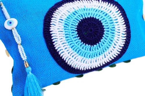 Vista 3 de Karens Ege - Bolsa de mano de yute y arpillera con cierre de cremallera para regalo con cristales y borlas