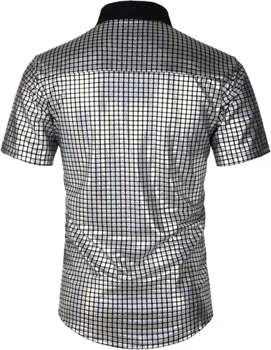 Vista 3 de JOGAL Camisa de vestir para hombre de lentejuelas plateadas manga corta botones hacia abajo de los años 70