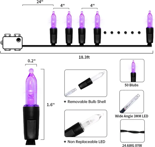 Vista 6 de MULTI-SPARKING - Luces de Halloween operadas con batería - 50 luces LED mini moradas para árbol pequeño, corona, manualidades, decoración