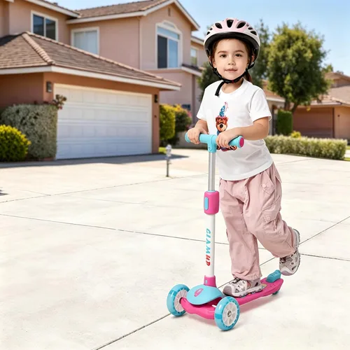 Vista 10 de GLAMUP Patinete para niños de 3 ruedas, manillar ajustable en altura para niños, sistema de inclinación para dirección y mecanismo de fácil plegado