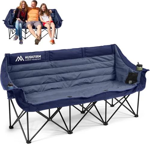 Vista 10 de Huskfirm - Sillas de campamento plegables para 3 personas, para adultos, color negro Silla de camping de gran tamaño acolchada resistente