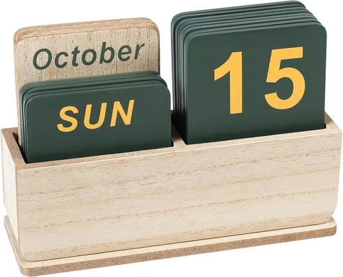 Vista 8 de Calendario Perpetuo de Bloques de Madera para Escritorio, Calendario Diario de Escritorio de Pie y Voltear con Gran Pantalla, Accesorios