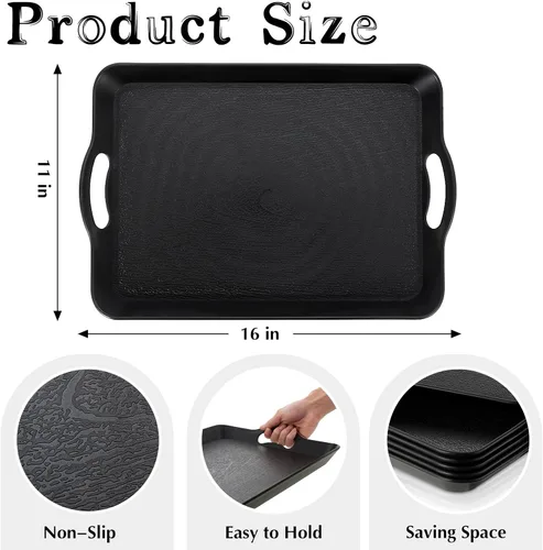 Vista 2 de 6 bandejas para servir con asas para comer, bandeja de plástico multiusos de 16 x 11 pulgadas, bandeja rectangular antideslizante decorativa