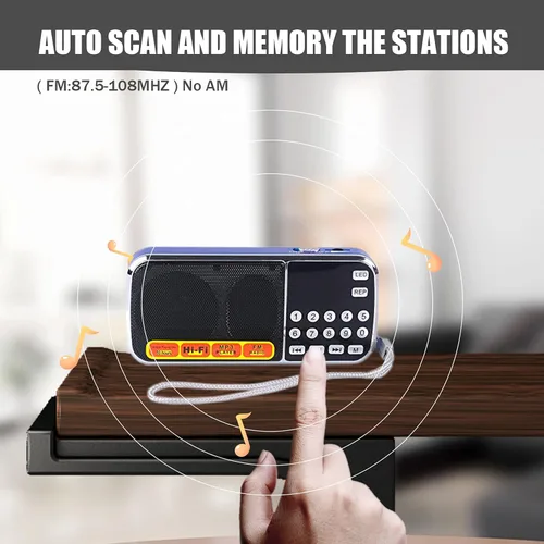 Vista 3 de Leting Radios AM portátil con altavoz MP3, soporte de radio portátil, tarjeta TF/USB, radio FM con batería recargable, mini radio con la mejor Azul