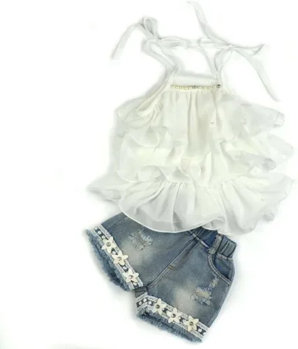 Vista 2 de Conjunto de ropa de chaleco de gasa con perlas y pantalones cortos de mezclilla para bebés de 2 a 7 años