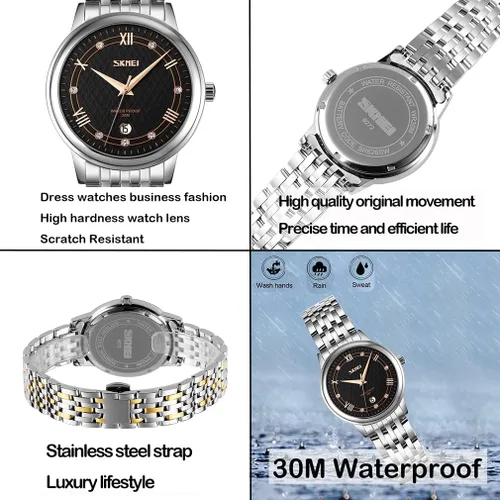 Vista 4 de SKMEI Relojes para mujer, mujer, vestido de acero inoxidable, de lujo, clásico, de moda, analógico, de cuarzo, impermeable, simple día, cita