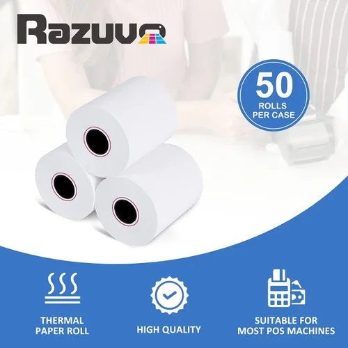 Vista 3 de (50 rollos) Rollos de papel térmico de recibo de 2 1/4 x 85 pulgadas, se adapta a todas las cajas registradoras POS, para impresoras de caja