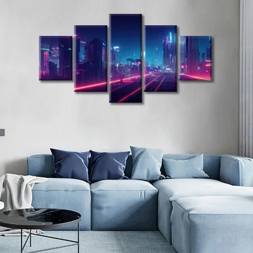 Vista 64 de Cuadros de 5 paneles de Cyberpunk City, arte de pared, representación de vallas publicitarias, edificios modernos en la capital con obras de arte