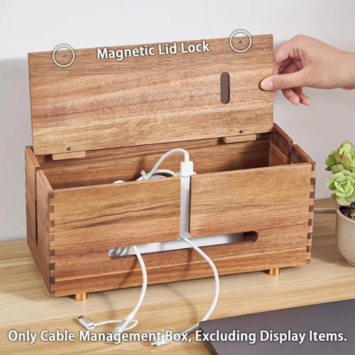 Vista 3 de SARUFO Caja de organización de cables de madera de acacia, organizador de cables de madera con 4 pies de metal, organizador para escritorio y piso