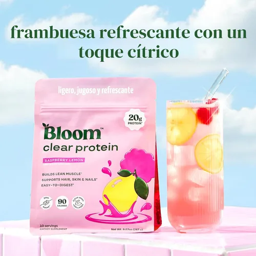 Vista 2 de Bloom Nutrition Proteína de suero transparente, limonada de frambuesa, 10