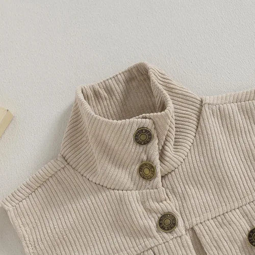 Vista 4 de Omkzanbi Chaleco de pana para niños y niñas, con cuello alto, bolsillo con botones, sin mangas, para otoño e invierno