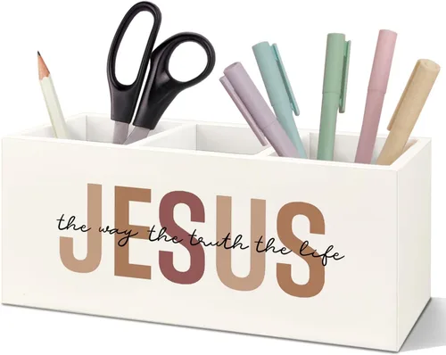 Vista 7 de SNNDER Soporte para bolígrafo cristiano floral para escritorio, regalos religiosos cristianos para mujeres, Romanos 12:12, versículos de la Biblia