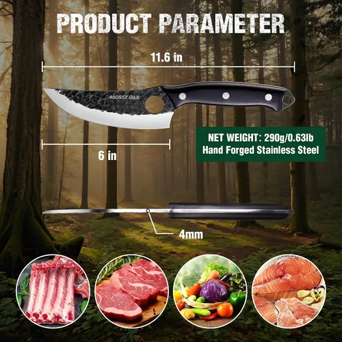 Vista 2 de Cuchillo de chef Mossy Oak, cuchillo de cocina para deshuesar, cortar y picar, cuchillo vikingo forjado a mano con mango de tanga completa y funda