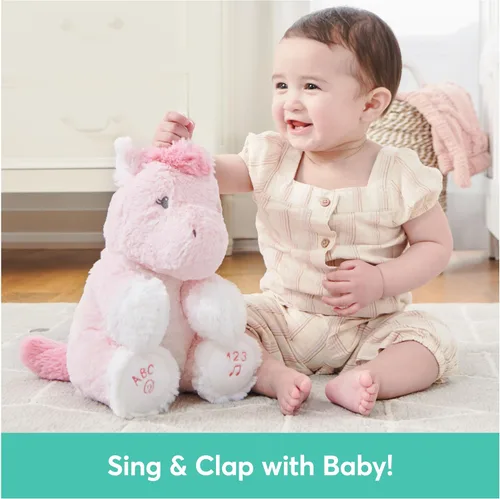 Vista 5 de GUND Baby Alora The Unicorn - Juguete sensorial animado de peluche, canta canción ABC y 123 canciones contando, rosa, 11 pulgadas