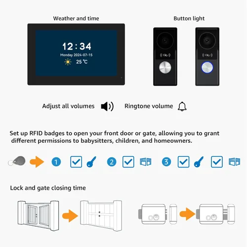 Vista 8 de Timbre de video de 1080p con sistema de monitor, portero de video WiFi 1080FHD cámara de metal, 7 pulgadas dos monitores con tarjeta de 32 GB