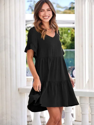 Vista 4 de ANRABESS Vestido de verano casual con cuello en V para mujer, vestido babydoll de manga corta con volantes y escalonado, mini vestido de playa