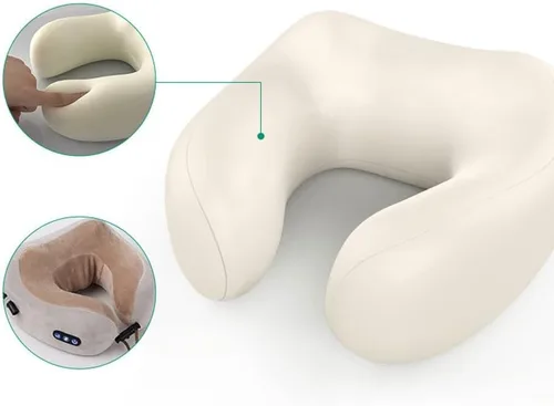 Vista 6 de Almohada de viaje, almohada de cuello de espuma viscoelástica, funda cómoda y transpirable, kit de viaje en avión con función de vibración de Rosa