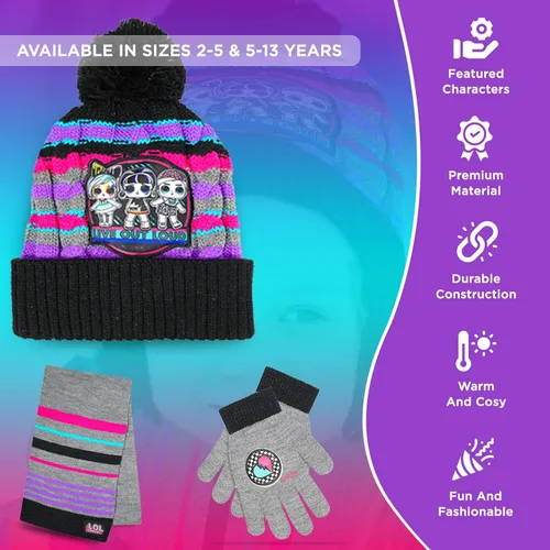 Vista 5 de LOL Surprise - Conjunto de sombrero y guante de invierno para niñas y niños pequeños sombrero de invierno con bufanda y sombrero y guante para niños