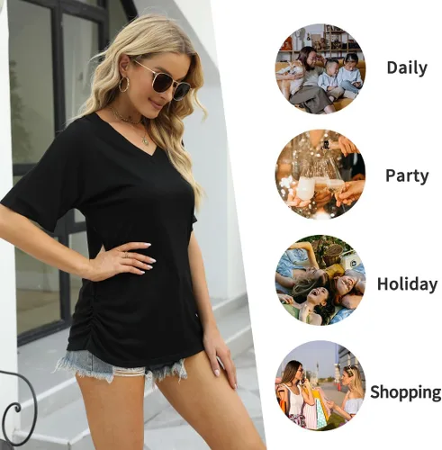 Vista 4 de ELIY BASIC Camisetas plisadas de manga corta con cuello en V para mujer, ajuste holgado, túnica básica con fruncido lateral