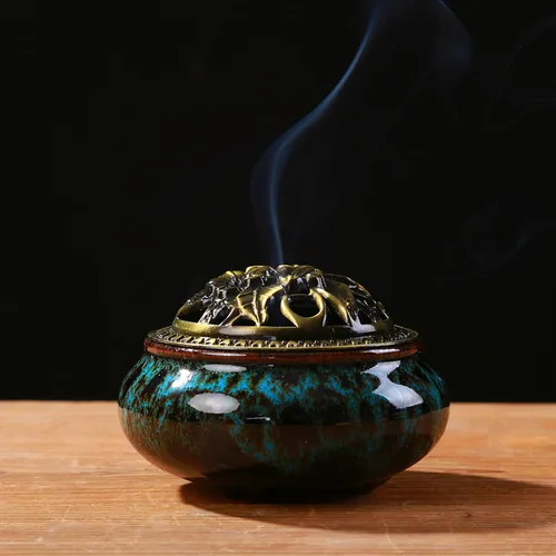 Vista 7 de Censer - Quemador de incienso azul cielo con soporte para varillas de incienso de calabaza - Incensario de porcelana para carbón para uso con resina