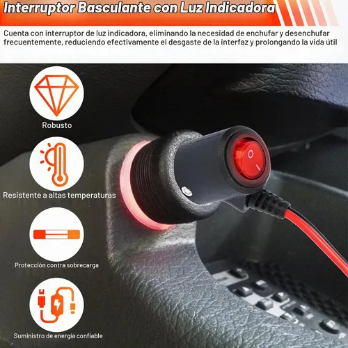 Vista 4 de Enchufe de encendedor de cigarrillos de 12 V con interruptor de encendido y apagado, 2 pies, 16 AWG, resistente, 15 A, repuesto para encendedor
