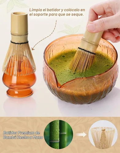 Vista 6 de Juego de batidor de matcha, 7 piezas, el kit de matcha incluye cuenco matcha, batidor y soporte de matcha, cuchara de bambú, cuchara, tamiz y toalla
