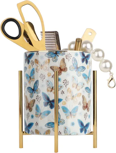 Vista 15 de Planet Pencil Cup Sturdy Metal Frame with White Ceramic Pen Holder For Desks and kitchen Appliance Holders
