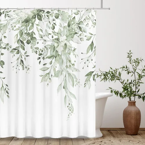 Vista 129 de Tititex - Juego de cortinas de ducha de eucalipto negro, hojas de acuarela gris en la parte superior, con decoración floral de baño, 60 x 72