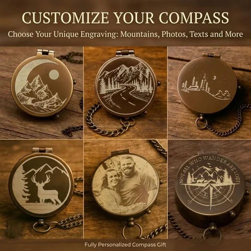 Vista 5 de Brújula de bolsillo de latón grabada para hombres - Regalo personalizado de brújula antigua