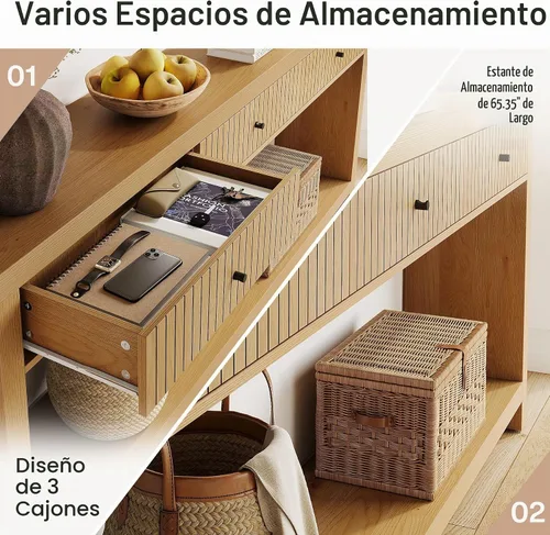 Vista 4 de Tribesigns - Mesa de consola de 70.9 pulgadas con 3 cajones, mesa de entrada extralarga, mesa de sofá de madera con estantes de almacenamiento