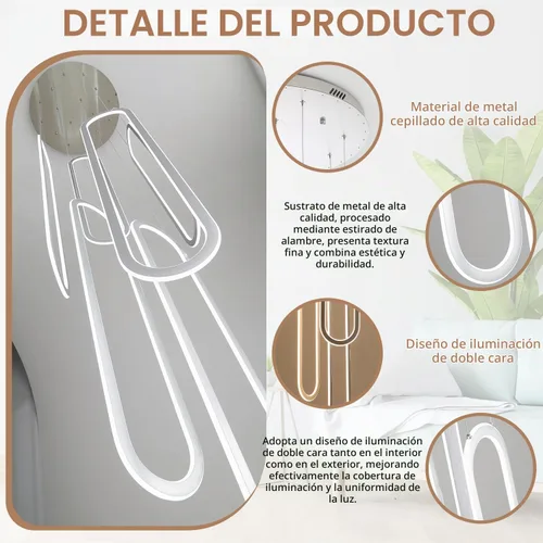 Vista 7 de Flashing God Candelabro moderno, candelabros cromados con 6 anillos LED, lámpara de techo alto más grande para sala de estar, lámpara rectangular