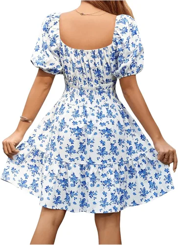 Vista 2 de Floerns Vestido bohemio de manga corta abombada con cuello cuadrado y lazo frontal para mujer