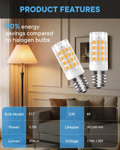 Vista 2 de Paquete de 3 bombillas LED E17 para debajo del microondas, luces sobre estufa, campana extractora, 3.5 W (equivalente a bombilla halógena de 35 W)