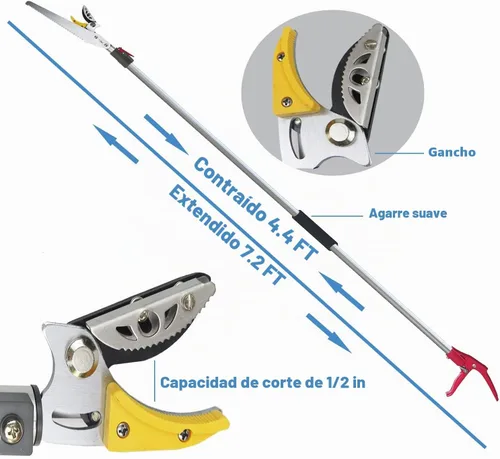 Vista 4 de Podadora de árboles de 4.4-7.2 pies 2 secciones extensibles 4 nodos ajustable, Cortar y mantener la poda recortadora, Sierra de poste de largo