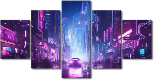 Vista 120 de Póster de 5 paneles en lienzo para decoración de pared, diseño de centro urbano Cyberpunk, impresión moderna, decoración de pared para el hogar