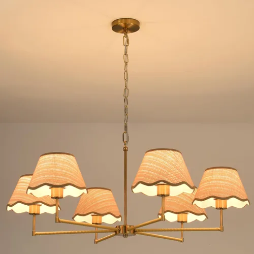 Vista 6 de Candelabro de ratán bohemio de 6 luces de 39 pulgadas, lámpara colgante de ratán con pantalla tejida a mano, altura ajustable, lámpara de comedor