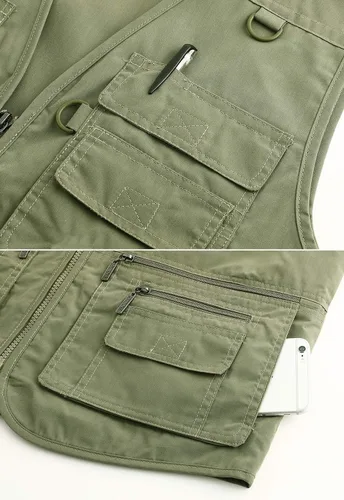 Vista 6 de Chaleco de viaje casual Safari para hombre, 16 bolsillos, chaleco de trabajo al aire libre, chaqueta sin mangas, chaqueta de pesca, senderismo