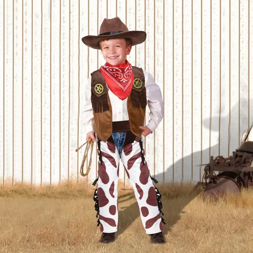 Vista 8 de Kids Cowboy Costume Boys Halloween Dress Up Cosplay Set Birthday Party Role Play Western Chaps Outfit Hat Accessories