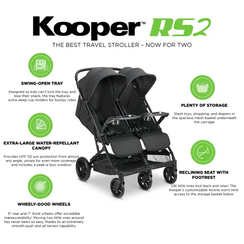 Vista 5 de Joovy Kooper RS2 - Cochecito doble ligero de viaje con bandejas dobles para aperitivos, plegado con una sola mano, asientos reclinables