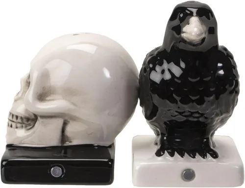 Vista 4 de Pacific Giftware Quoth The Raven - Juego de salero y pimentero de cerámica para Halloween