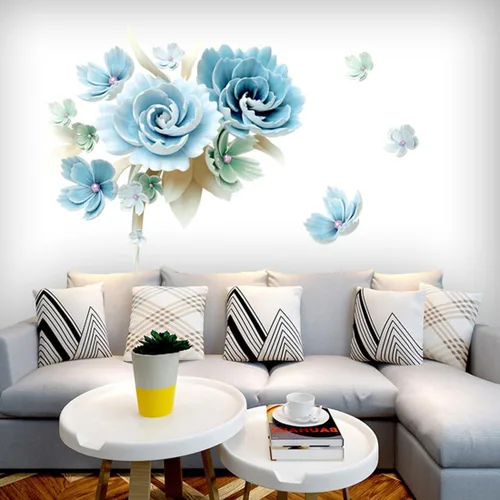 Vista 6 de Calcomanías de pared con diseño floral azul, para despegar y pegar, calcomanías de pared extraíbles para dormitorio, sala de estar, hogar, sofá