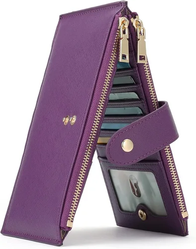 Vista 15 de GOIACII - Carteras delgadas para mujer con bloqueo RFID, tarjetero con 2 bolsillos con cremallera, monedero fino para mujer, negro (A01 Black)