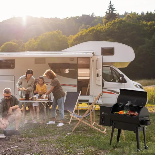 Vista 8 de KingChii Parrilla eléctrica portátil de pellets de madera y ahumador con patas plegables, capacidad de parrilla de 456 pulgadas cuadradas, tolva