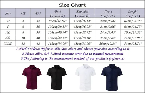 Vista 6 de WUAI-Men Camisas de algodón de manga corta y ajuste regular, para el trabajo, oficina, para verano, casual, con botones, para la playa