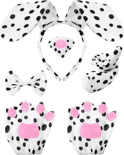 Vista 12 de Syhood Conjunto de disfraz de perro para cachorro, diadema con orejas de perro, corbatín, nariz, cola, guantes, accesorios de disfraz de animales