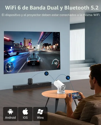 Vista 2 de Mini proyector con WiFi y Bluetooth, compatible con corrección Keystone automática 4K 1080P 170 ANSI, proyector portátil giratorio de 210°